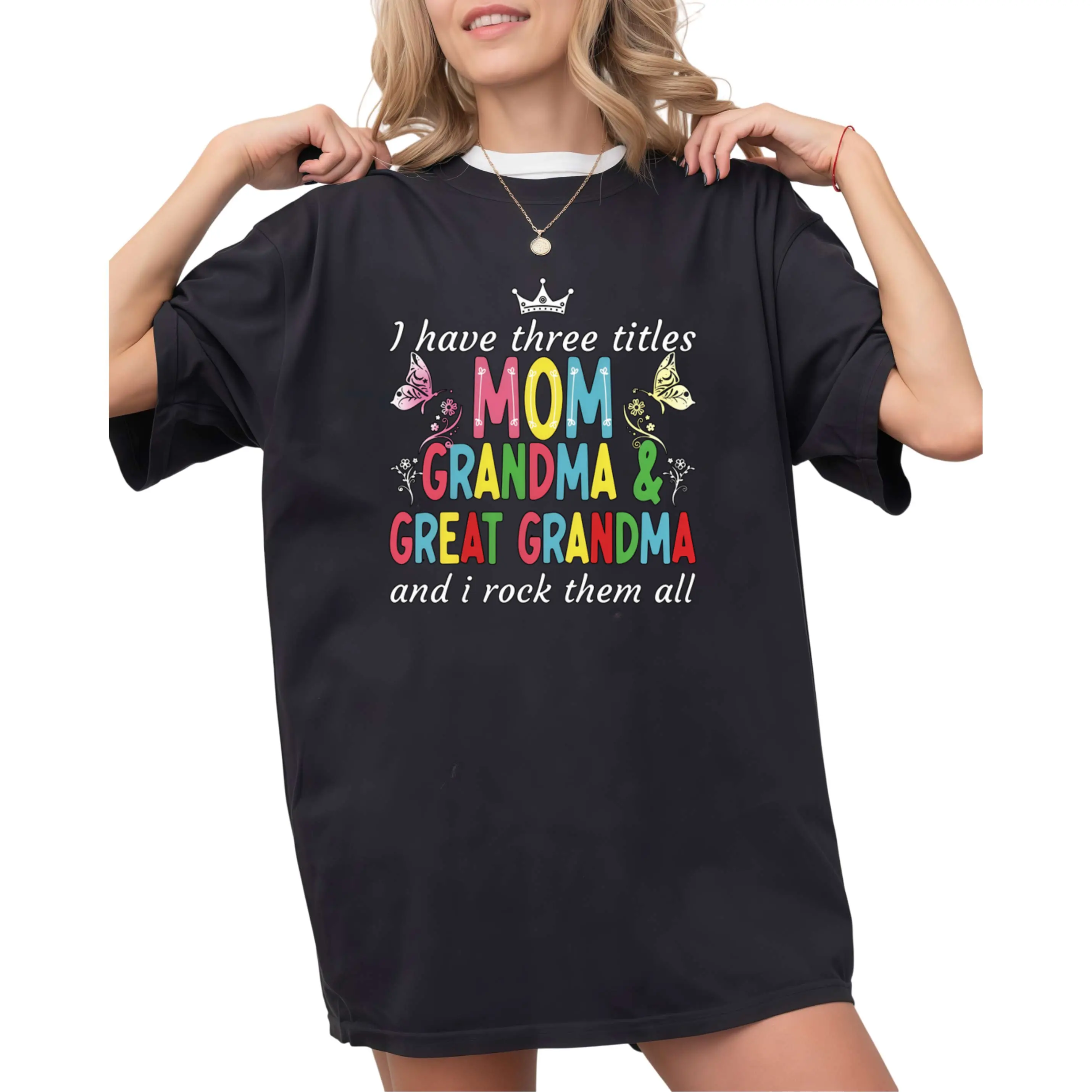 Women's Plus Size Cotton Crew Neck T-Shirt - Breathable, Casual, Unisex, 3 Titles (Mom, Grandma, Great Grandma) Colorful Letter Print with Floral & Butterfly Accents, All Season Comfort, Machine Washable, Retro Design, Comfortable Fit, Tshirt, Top