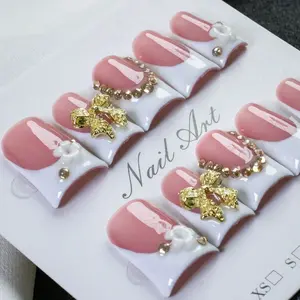 10pcs Y2K Style Short Duck Bill Press-On Nails, Faux Nails, Red & White French Manicure Handmade False Nails With Gold Bow & Flower Decor, Fashionable Nail Art Supplies For Daily Wear & Party, Great Gift For Women And Girls (Random Packaging)