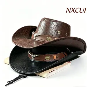 NXCUI Cracked Faux Leather Western Cowboy Hat with Bull Head Band, Unisex Vintage Cowgirl Hat with Chin Strap artist