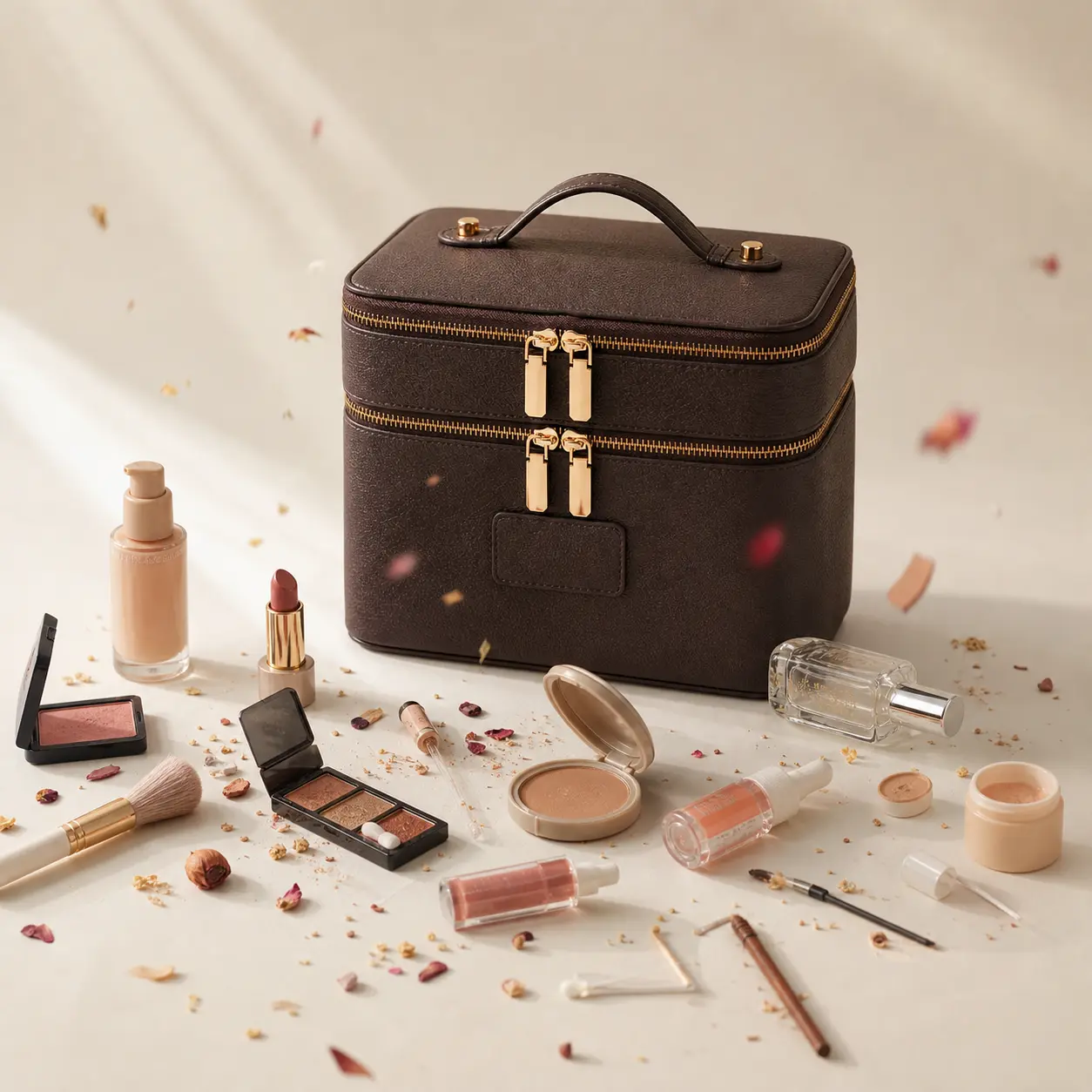 HONITTY Dual Vanity Case, Travel Makeup Bag Organizer with Removable Divider, Portable Zipper-Closure Compact Cosmetic Bag