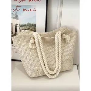 2026 New Country Style Multifunctional Women's Shoulder Bag, Casual Large Capacity Handbag, Woven Straw Bag, Beach Bag, Easygoing Leisure Style, Reusable Bag, Fashionable Bucket Bag
