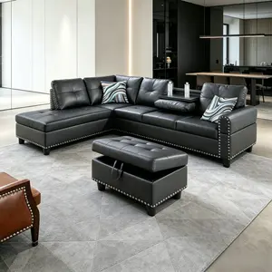 Leather & Linen L-Shaped Sectional Sofa with Ottoman, Modern Nail-Head Chaise Lounge, Comfy Corner Couch with Cup Holder for Living Room, Bedroom, Office, Skin-Like Luxury Fabric, Solid Wood Frame