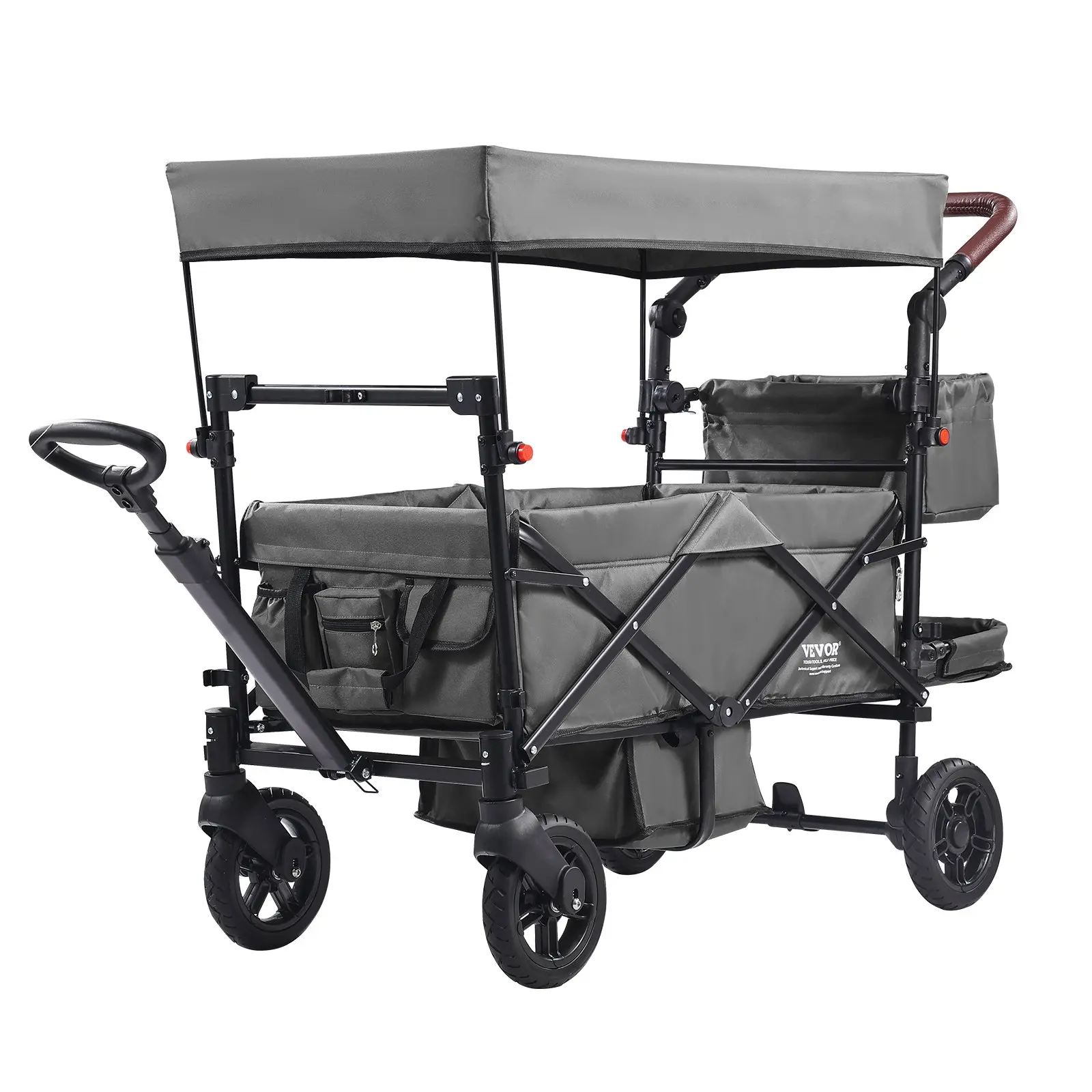 【Summerfinds】VEVOR 2-Kid Tandem Traveling Stroller, Push-Pull Collapsible Quad Stroller with Adjustable Handle, Encircling Harness, Removable Canopy, 4 Brake-Equipped Wheels, Multifunctional for Camping, Dark Gray