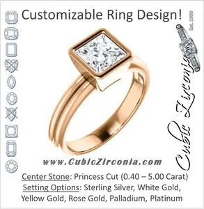 Cubic Zirconia Engagement Ring- The Stacie (Customizable Bezel-set Princess Cut Solitaire with Grooved Band)
