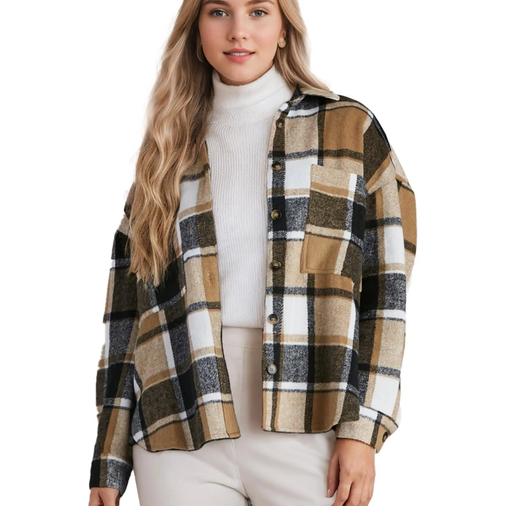 Women's Casual Plaid Shacket Long Sleeve Button Down Flannel Shirts Jacket Coats with Side Pockets