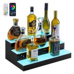 VEVOR LED Lighted Liquor Bottle Display, 3 Tiers 20 Inches Whiskey Rack, Supports USB, Illuminated Home Bar Shelf with RF Remote App Control, 9 Static Colors, Acrylic Lighted Shelf for 15 Bottles