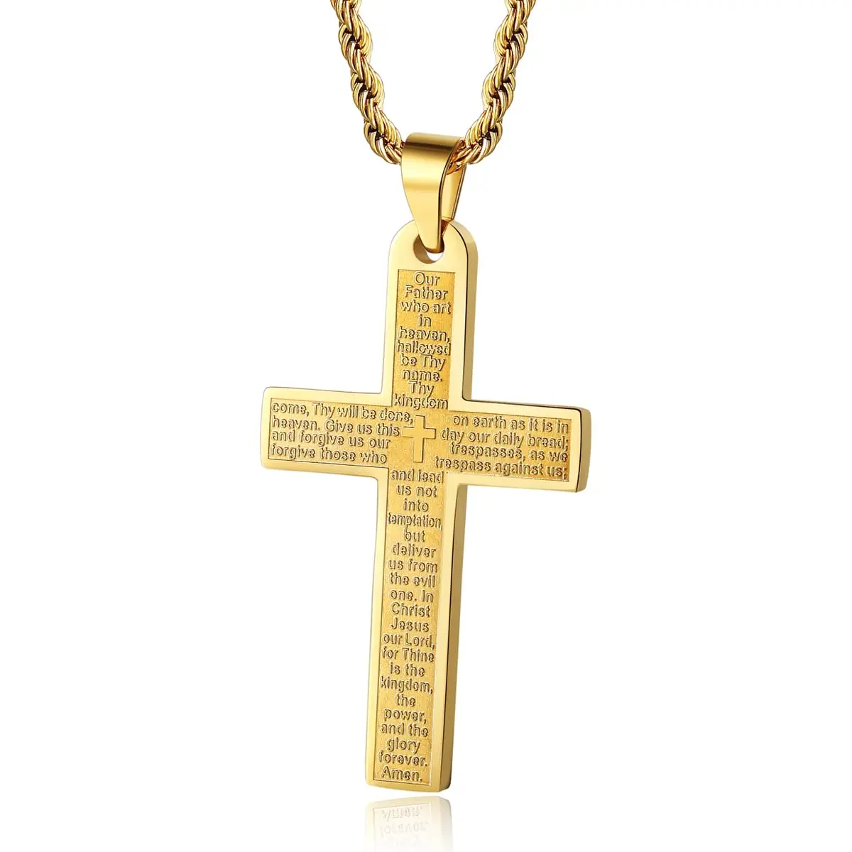 High Quality Men's Stainless Steel Cross Necklace - Lord's Prayer Jesus Christ Pendant, Twisted Rope Chain, Silver/Gold/Black Options, 18in/24in Lengths