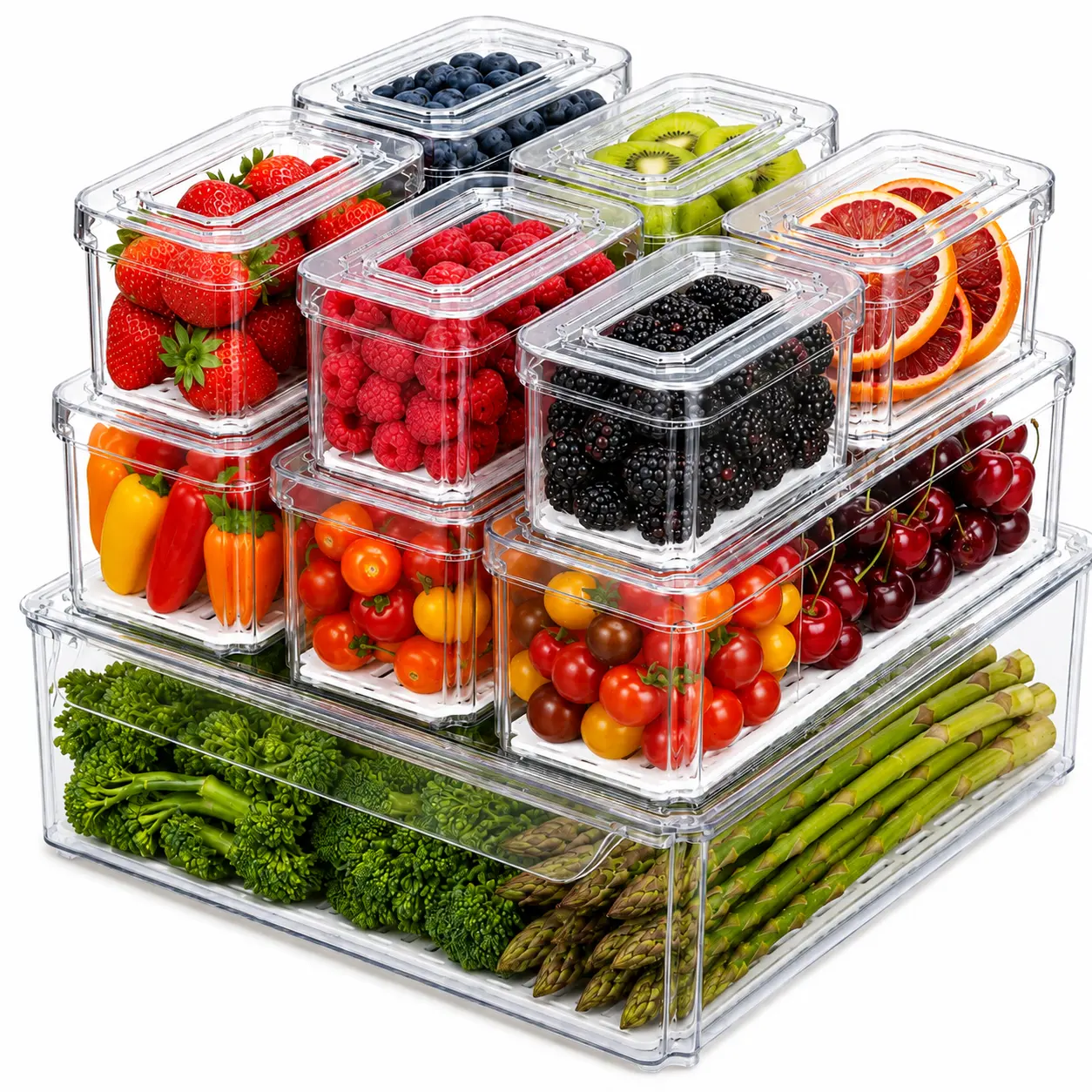 AISOON 10-Piece Refrigerator Organizer Bins with Lids, Stackable Clear Fridge Storage Containers with Drain Trays, 3 Sizes for Fruits, Vegetables, Pantry and Kitchen Organization