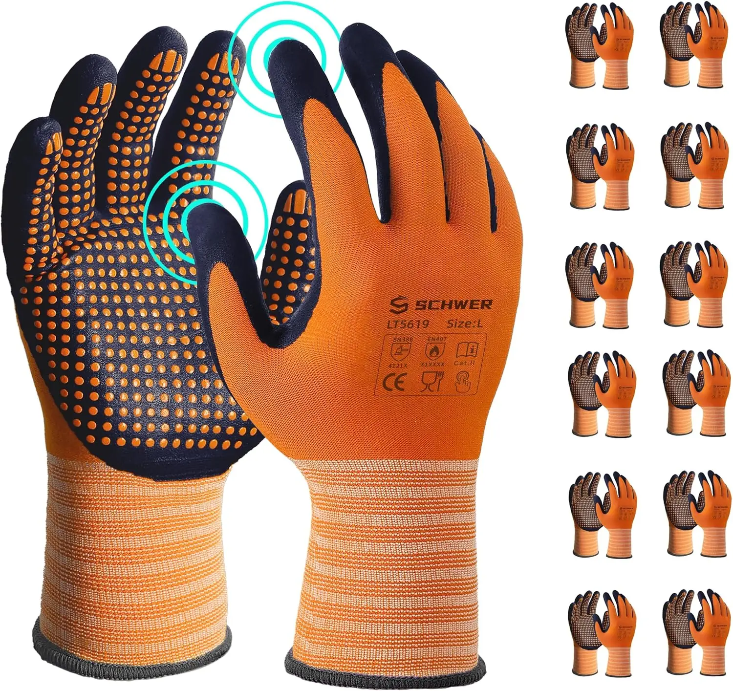 Schwer 12 Pairs LT5619 Work Gloves MicroFoam Nitrile Coated, Working Gloves with Grip, Micro Dot Palm, Touchscreen Capable, for Automotive Electronic