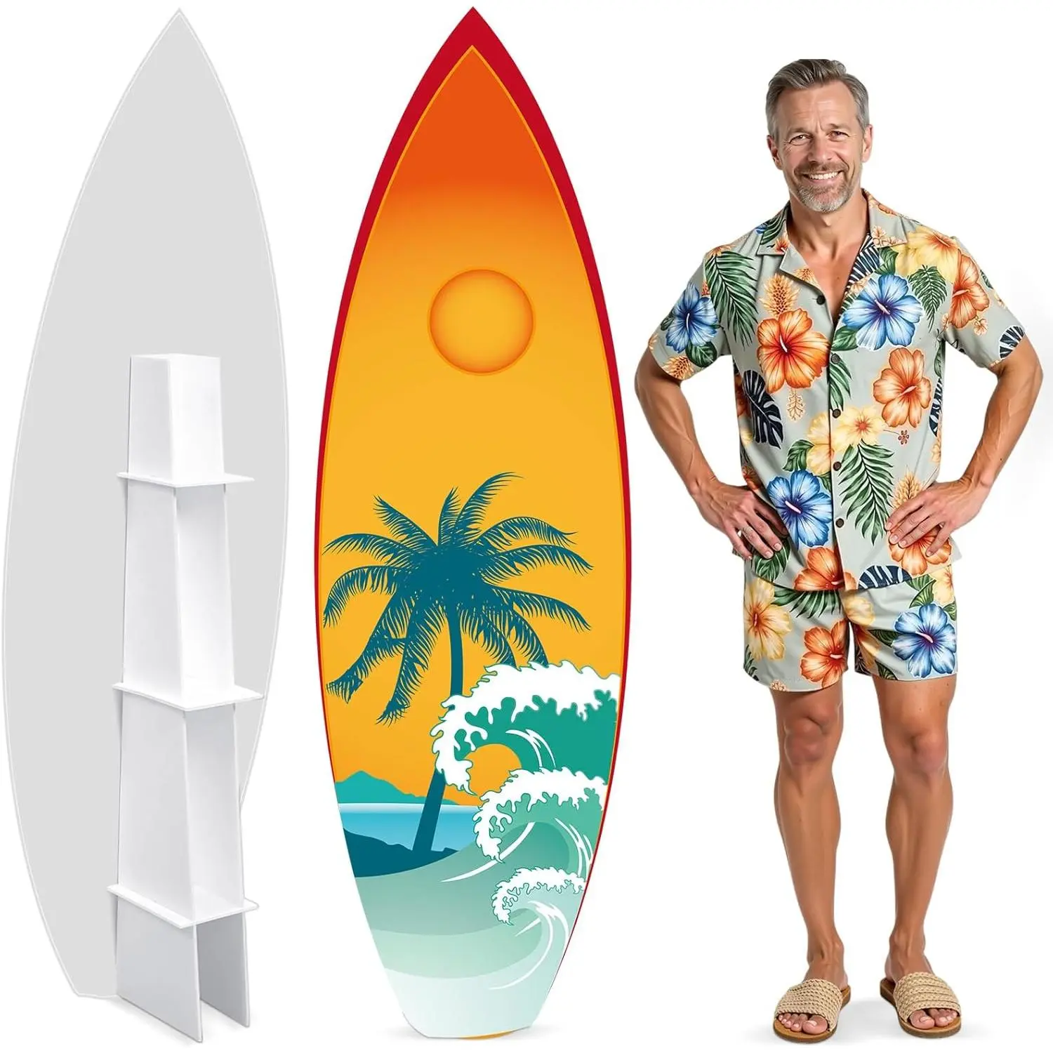 Yalikop 6 Ft Surfboard Cardboard Cutout Stand Up Photo Prop - Hawaiian Tropical Party Decorations Standee Surfboard Foam Board for Garden Yard Sign Decor Summer Beach Luau Photography Background