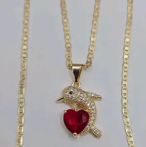 Dolphin beautiful necklace red heart stone' color gold-plated 24"inches
