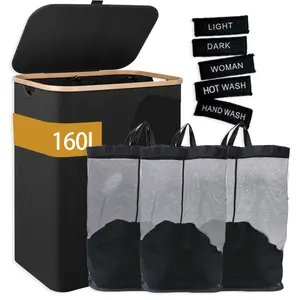 Extra Large 160L 3-Section Laundry Hamper with Lid & Sturdy Handle for Home Organization Dirty Clothes Basket with Three Sections