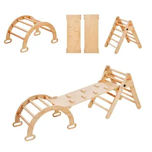 5-in-1 Wooden Montessori Gym Pikler Triangle Playground Equipment Set, Toddler Indoor Climbing Toys with Ramp & Arch, Medium-Size Wood Color Climbing Structure for 1-3 Year-Olds