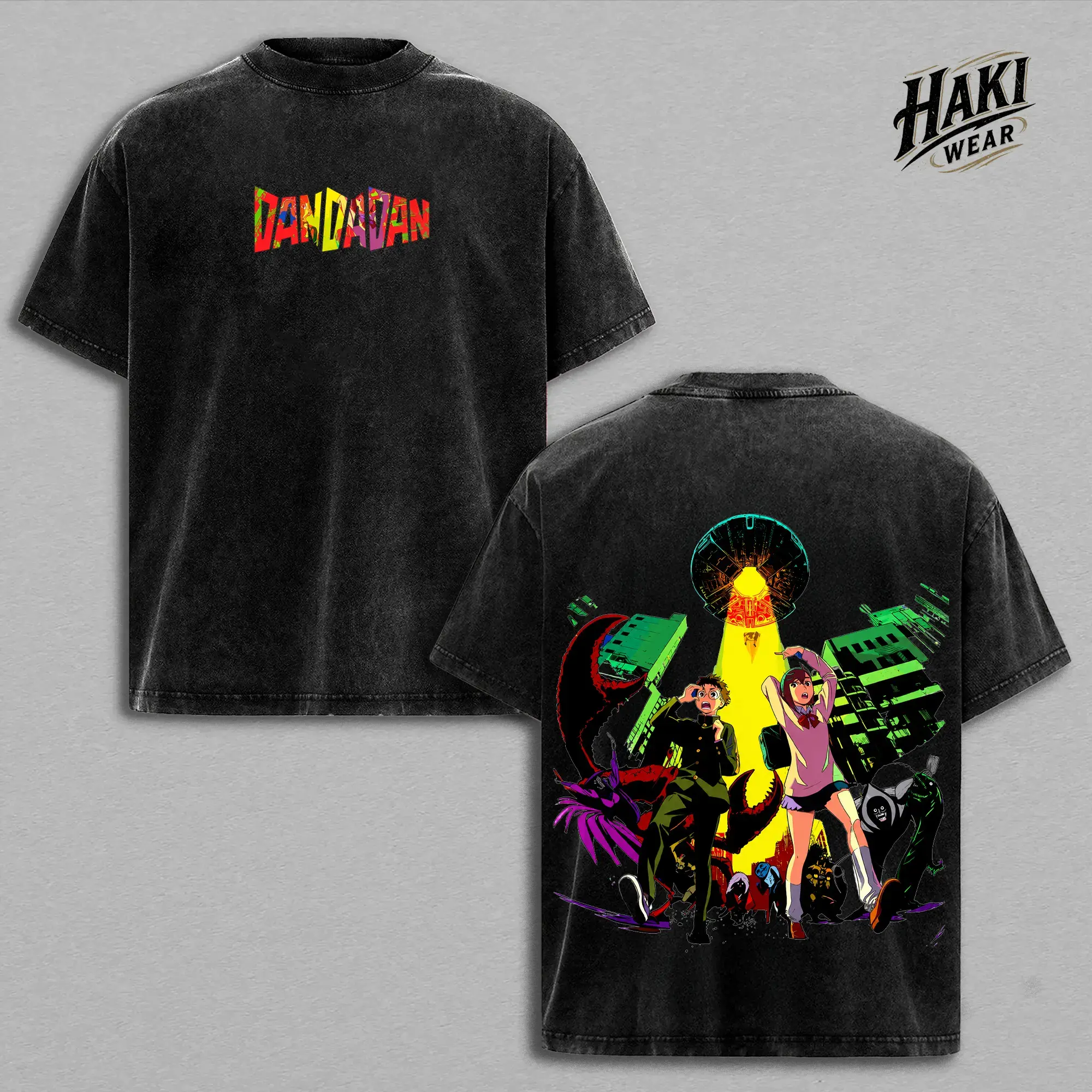 Dandadan Anime Graphic Tee, Vintage Washed Heavy Cotton Oversized T-Shirt, Okarun Momo Ayase Streetwear Manga Fan Gift, Retro Acid Wash Tops Y2K Japanese Anime Merch, Casual Trendy Fashion For Men Women, Exclusive Prints Haki Wear Apparel Collections.