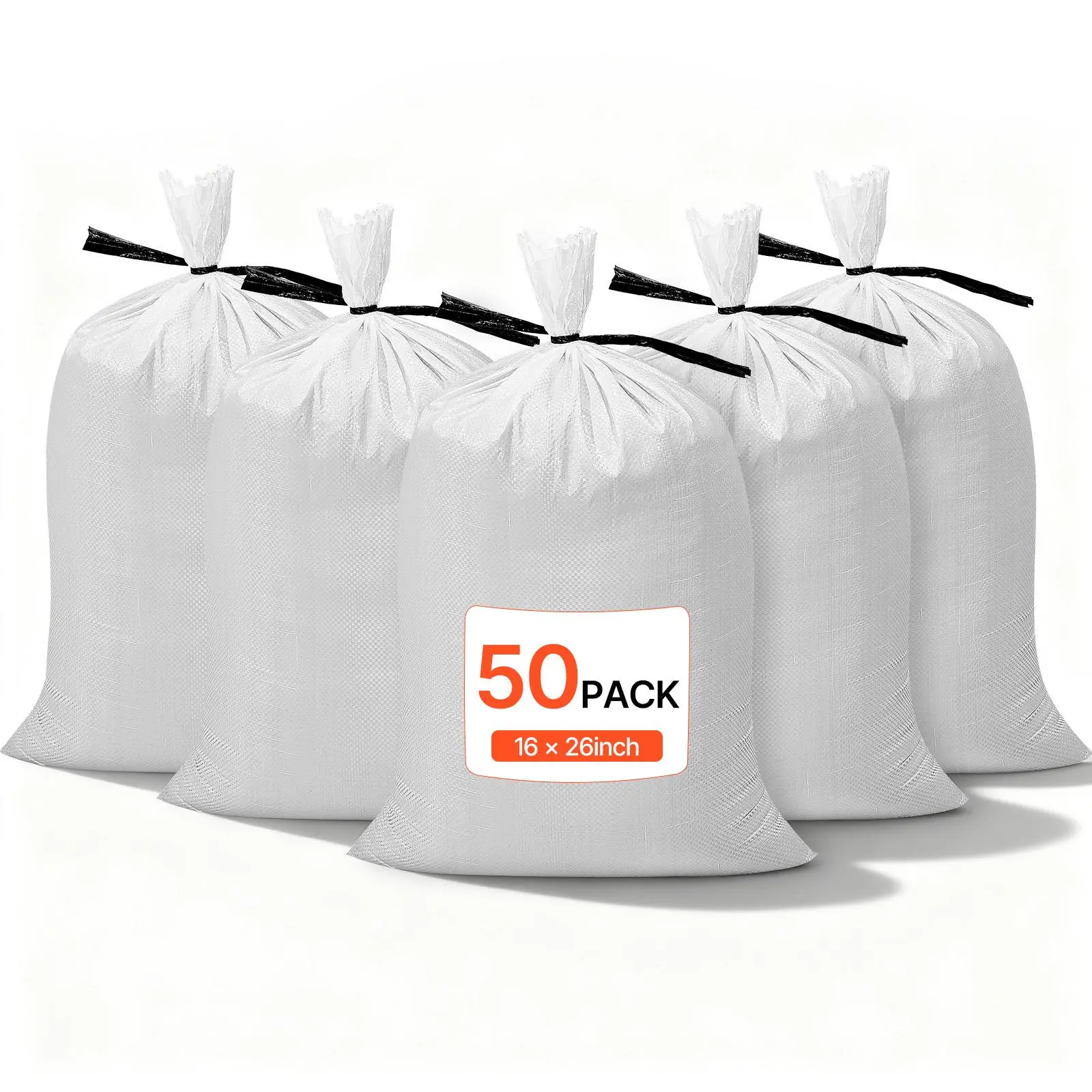 VEVOR Heavy Duty Empty Woven Polypropylene Sand Bags (50-Pack), 14"x26" with Tie Straps, 50 lbs Capacity, 1600H UV Protection, for Disaster Preparedness Kit, Flood Control, Landscaping, Construction Projects