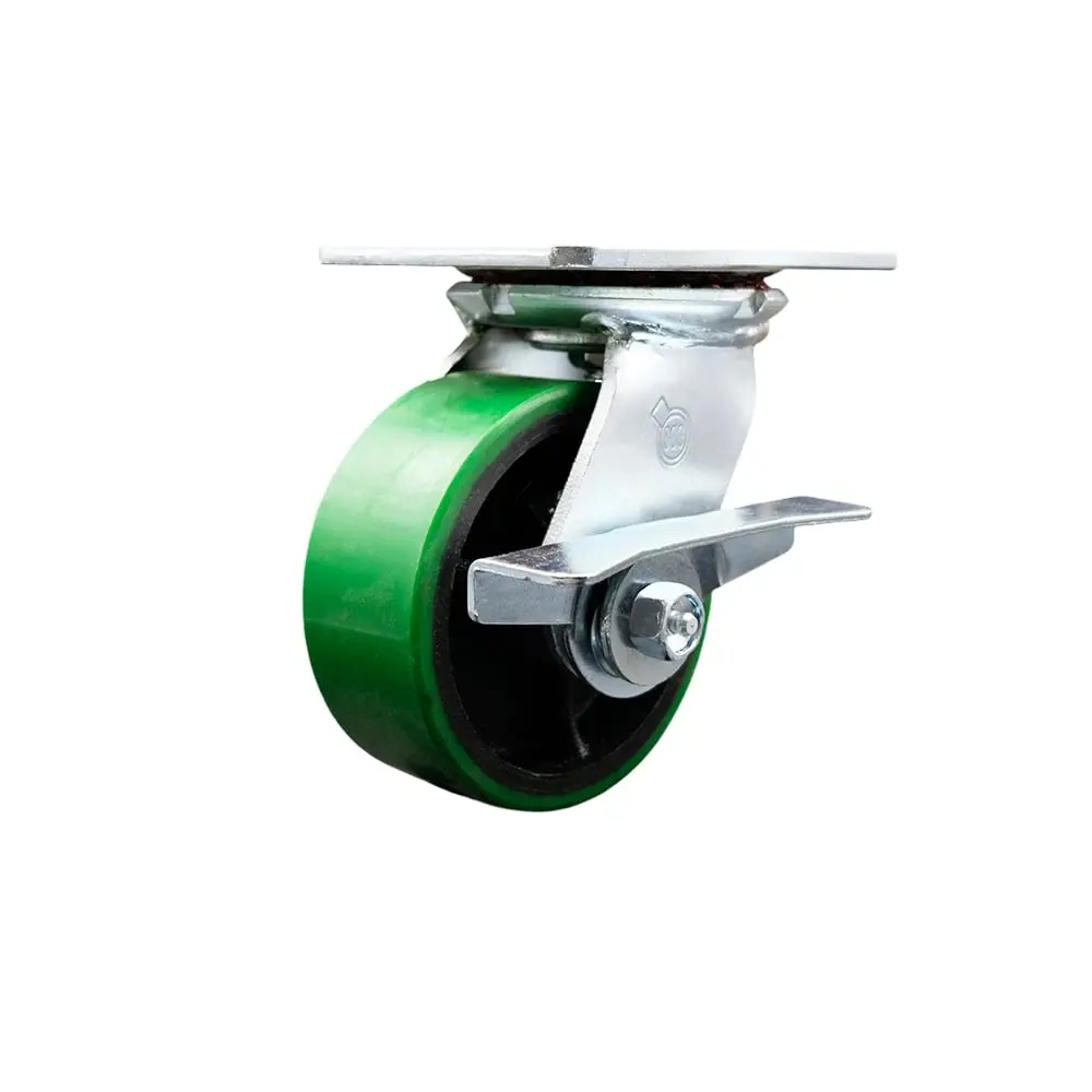 Service Caster SCC-35S520-PUB-GB-SLB Heavy Duty Large Top Plate Precision Metal Casters - 5x2 in. Green Polyurethane-on-Cast Iron Swivel, Maintenance-Free Bearings, Side Lock Brake, 900 lbs Capacity, for Shop, Commercial Equipment, Platform Trucks