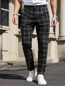 Men's Stylish Checked Pocket Button Casual Suit Trousers - Black-White Striped Plaid Workwear Bottoms for Commuting, Ideal for Pairing with Shirts/Sneakers, Gift for Husbands