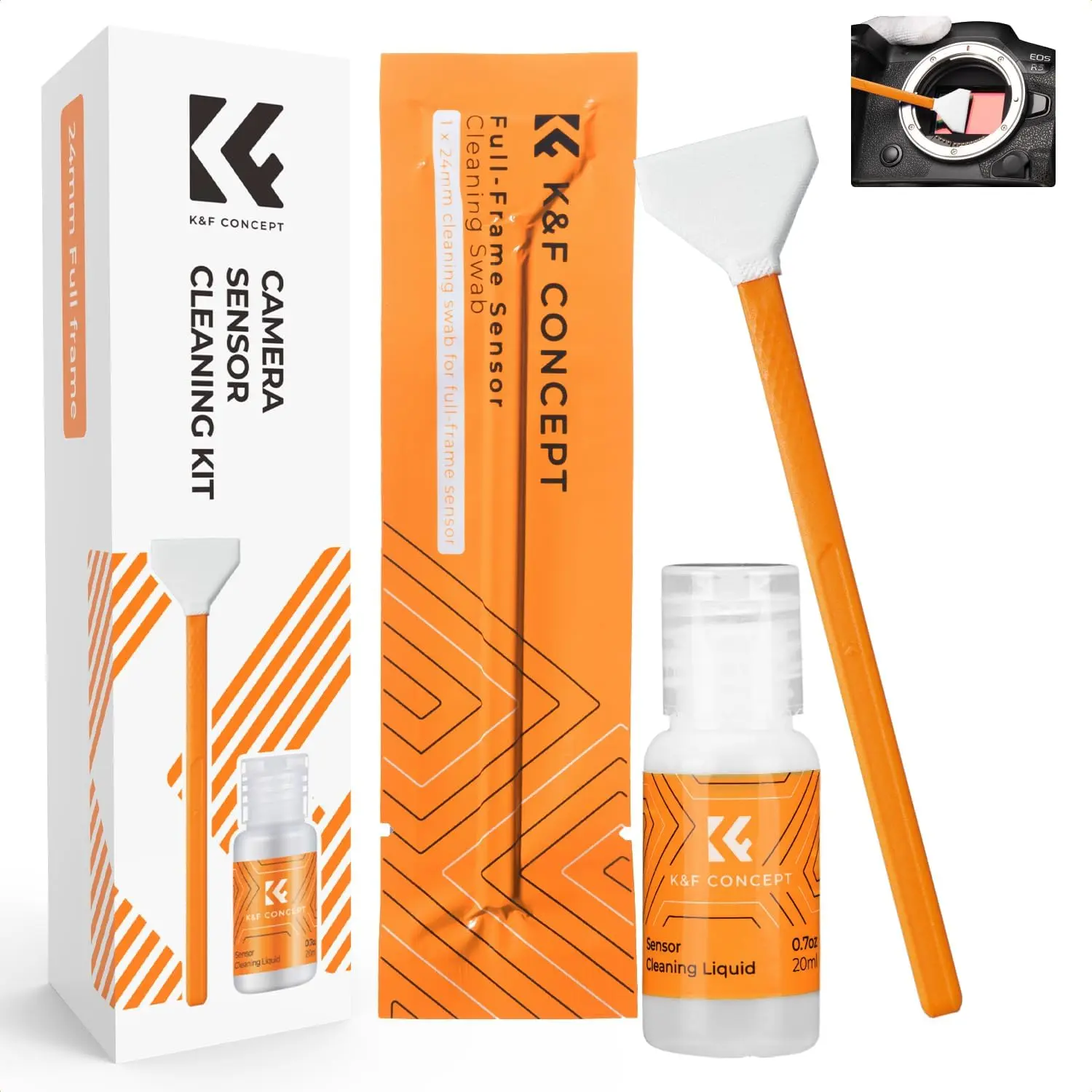 K&F CONCEPT 24mm Full Frame Lint-Free Camera Cleaning Kit - 6 Swabs, 20ml Cleaner, Microfiber Cloth, Vacuum Pack for DSLR Cameras, Lenses, Smartphones (Nikon, Sony, Canon Compatible), Camera Lens