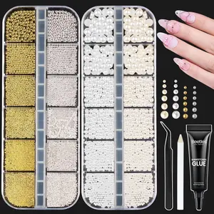 Beetles 3D Nail Charms Gold Silver Nail Beads and White Pearl with 15g Rhinestone Glue Tweezers Pick-up Pencil for Nails Art Metallic Round Caviar Beads White Flatback Pearls Manicure Accessories
