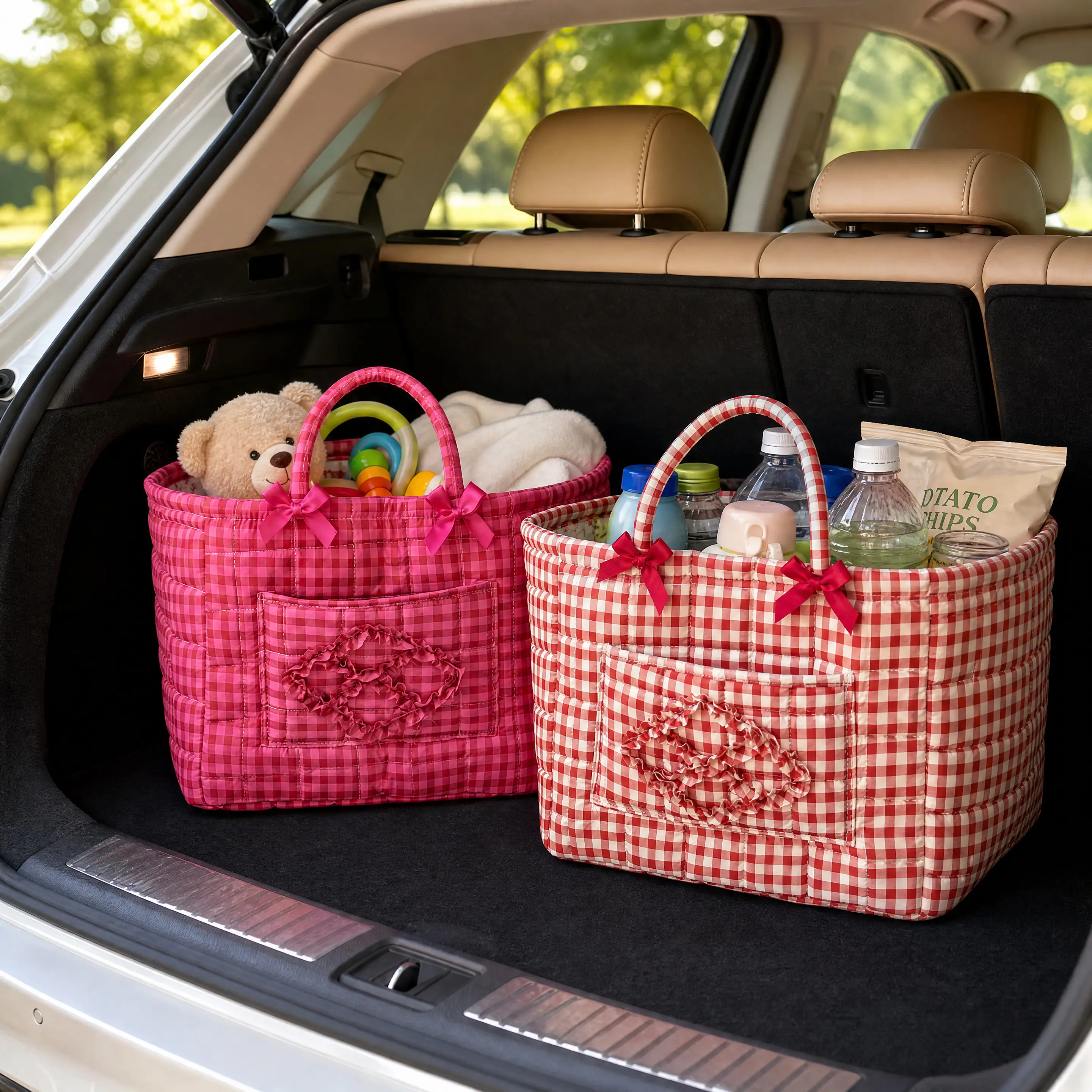TJHome Women Vintage Ditsy Floral Print Quilted Handheld Storage Basket, Elegant Lightweight Multipurpose Organizer with Front Zipper Pocket, Portable Car Storage Bin for Work Road Trip Daily Commute