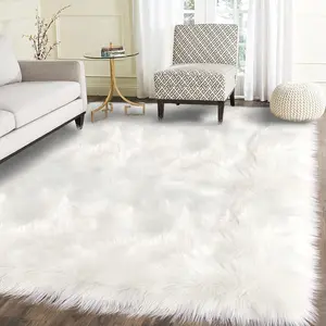 Sheepskin Style Carpet, Faux Fur Long Rectangle Rug for Living Room & Bedroom, Washable Plush Decorative Mat for Luxury Rooms, Fluffy Area Rug, Modern Shaggy Rug