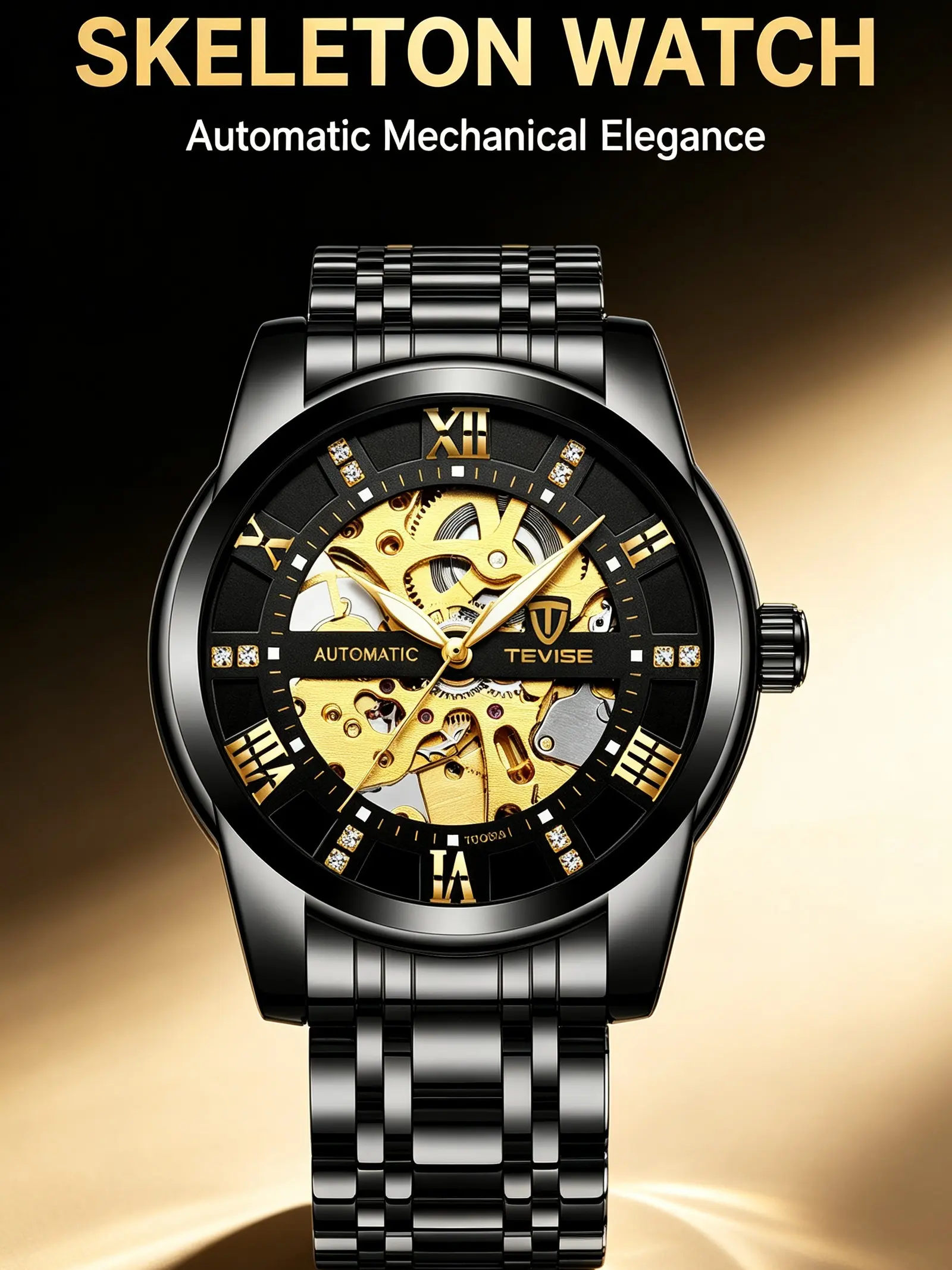 TEVISE Men's Stainless Steel Mechanical Watch - Classic Business Style, Hollow Dial, Round Face