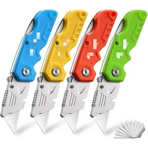 Box Cutter, 4-Pack Tough Folding Box Cutter for Heavy Duty Purpose, Razor Sharp Blade, Comfortable Handle, with Extra 10-Piece Blades, Can cut Drywall, Sheet Plastic, Linoleum, Boxes, Rope