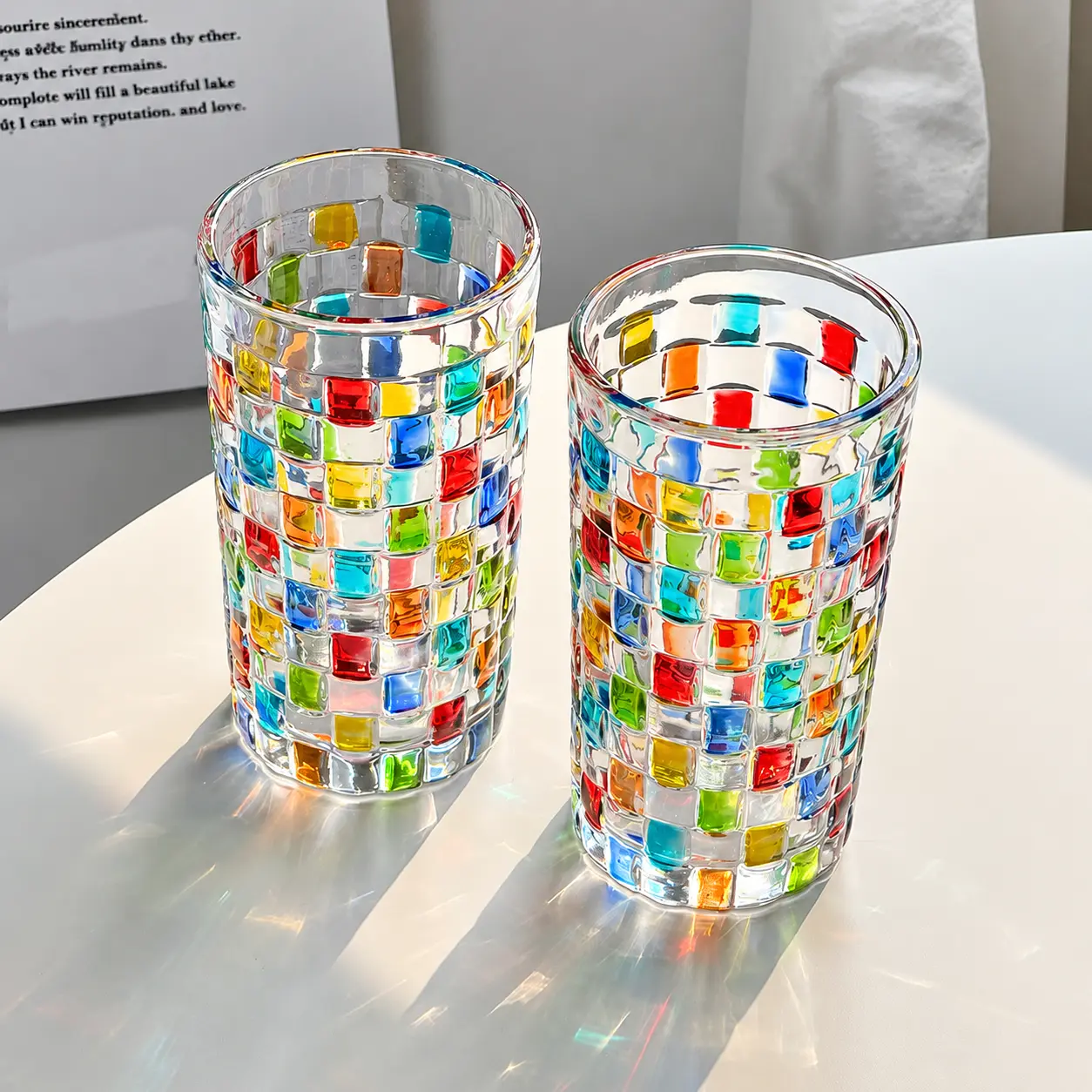 Holiday 2-Piece Colorful Mosaic Glassware Set - Decorative Cocktail Glasses, Kitchen Drinkware for Coffee, Milk Beverages