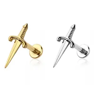 Dagger Flat Back Earring • Sword Push Pin Labret • Threadless Flat Back Stud • Tragus Piercing • Helix Stud • Cartilage Stud • Gold • Silver • Knife • Sword