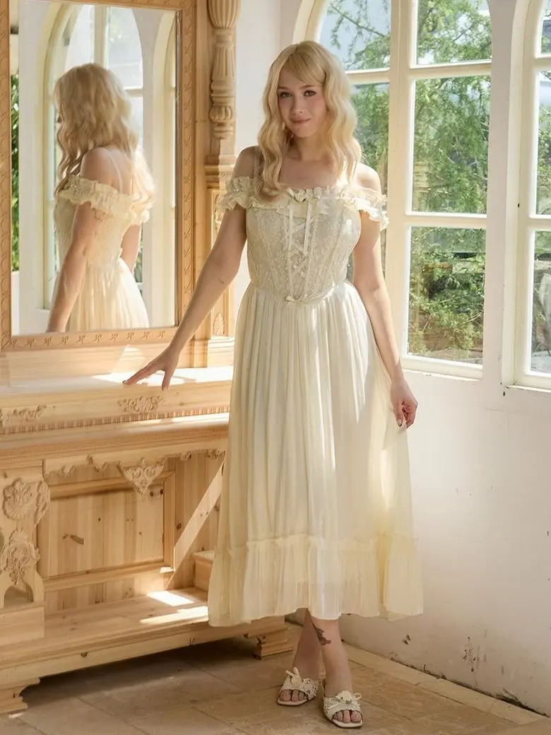 casual corset dress Sassy Shortcake Liv Blue creased chest with lace trim and drawstring Blanche Garden Corset Dress-Grad Dress