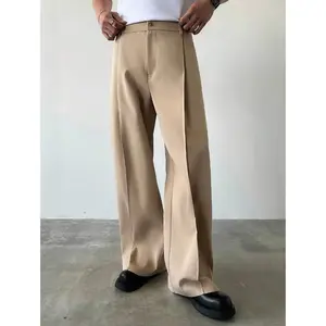 Men's Casual Solid Color Wide Leg Pants, For Back To School Men's All Season Performance Pant Fabric Menswear Plain Beige Musical Trouser Zipper