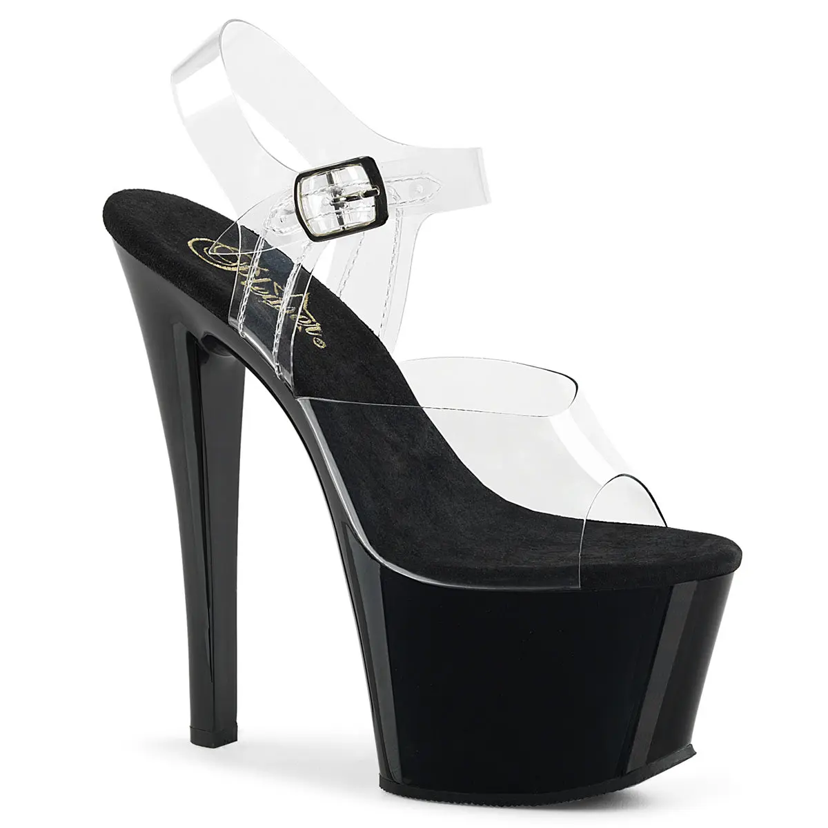 Pleaser Sky-308 Women's Black Ankle Strap Evening Sandals, Glamorous 7" High Heel with a Chic Platform Sole, Stylish, Black Heels, All Seasons, Elegant, Rubber, Pull On, Glamorous Heels