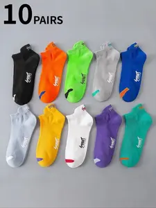 10-Pair Pack of Solid-Color Men's Letter Print Athletic Socks Sports Socks Sports Running Socks Comfortable and breathable design with moisture-wicking fabric Perfect for outdoor activities, suitable for all seasons