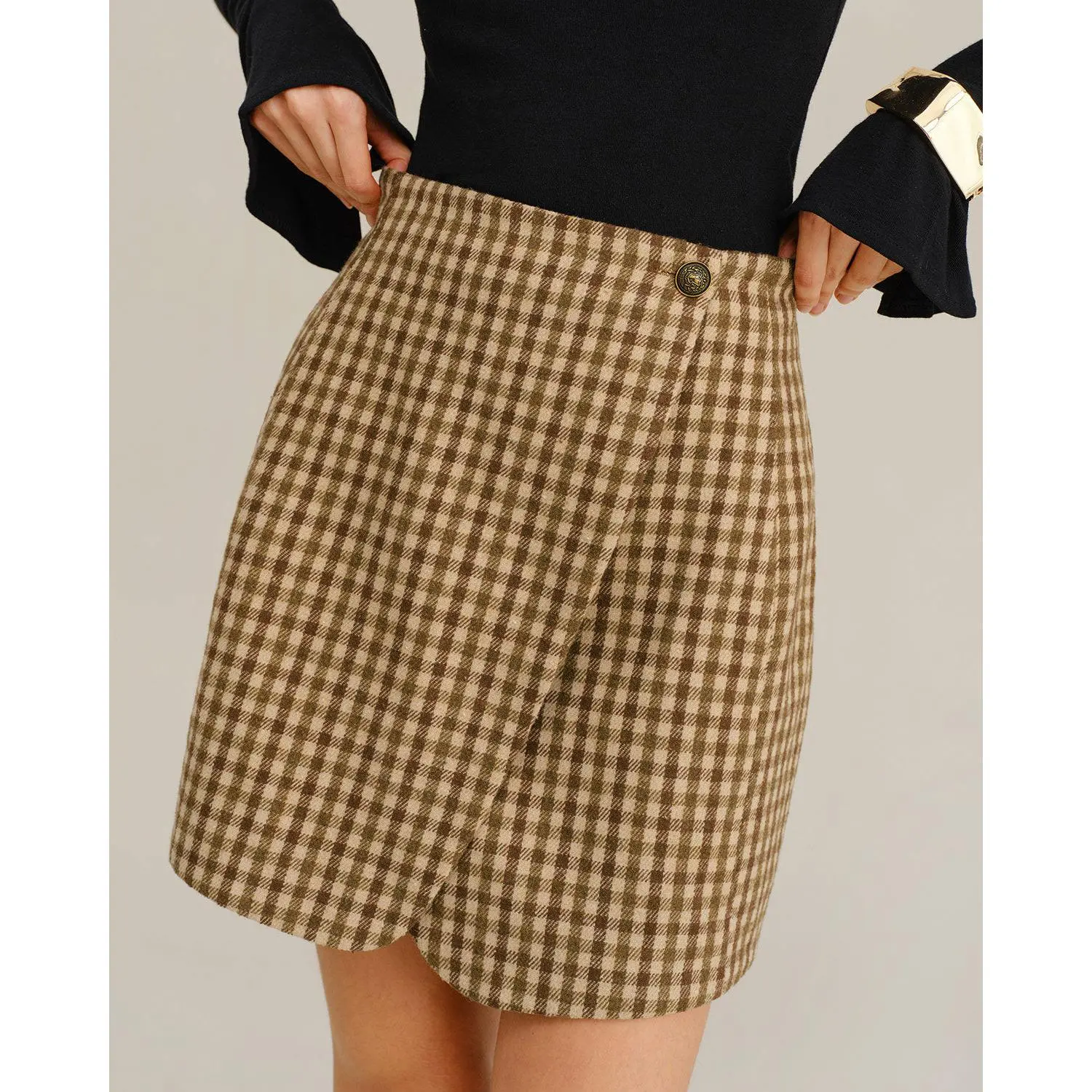 RIHOAS Women's High-Waisted Polyester Checkered Print Wrap Mini Skirt with Button Detail for Business Office, Work Wear, Fabric