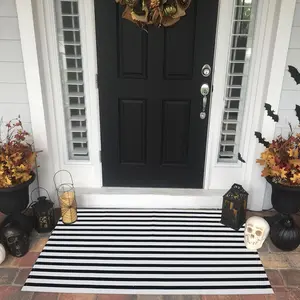 Black and White Striped Outdoor Rug Halloween Door Mat 27.5" x 43" Front Porch Rug Farmhouse Fall Layered Door Welcome Mat for Entryway/ Entrance/Laundry Room