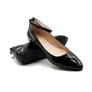 Womens Elegant Flats Black Patent Leather Mary Jane Pointed Toe Ankle Strap Design Office and Business Casual Shoes Cushioned Insole Adjustable Buckle