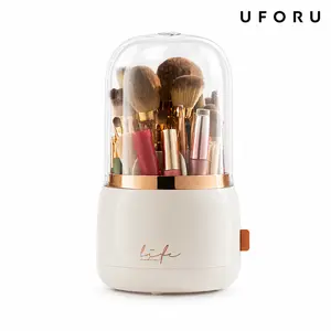UFORU Covered Makeup Brush Holder, 360° Rotating Cosmetic Organizer with Clear Dome Lid, Elegant Vanity Storage Cup for Daily Makeup Brushes, Beauty Tools and Gift Use#SummerWins