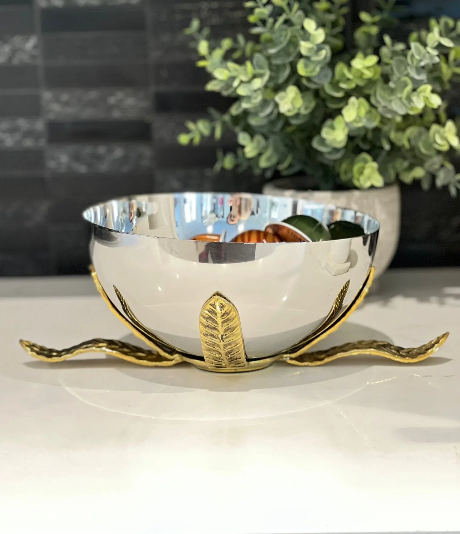 Silver Bowl With Golden Leaf Base