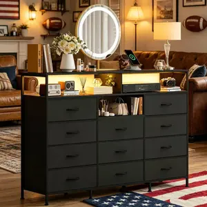 LH-Garvee 55 Inch Tall Dresser with 11 Fabric Drawers LED Lights Shelves Charging SVersatile Storage Cabinet That Fits Any Home Style from Minimalist to Farmhousey Brown White