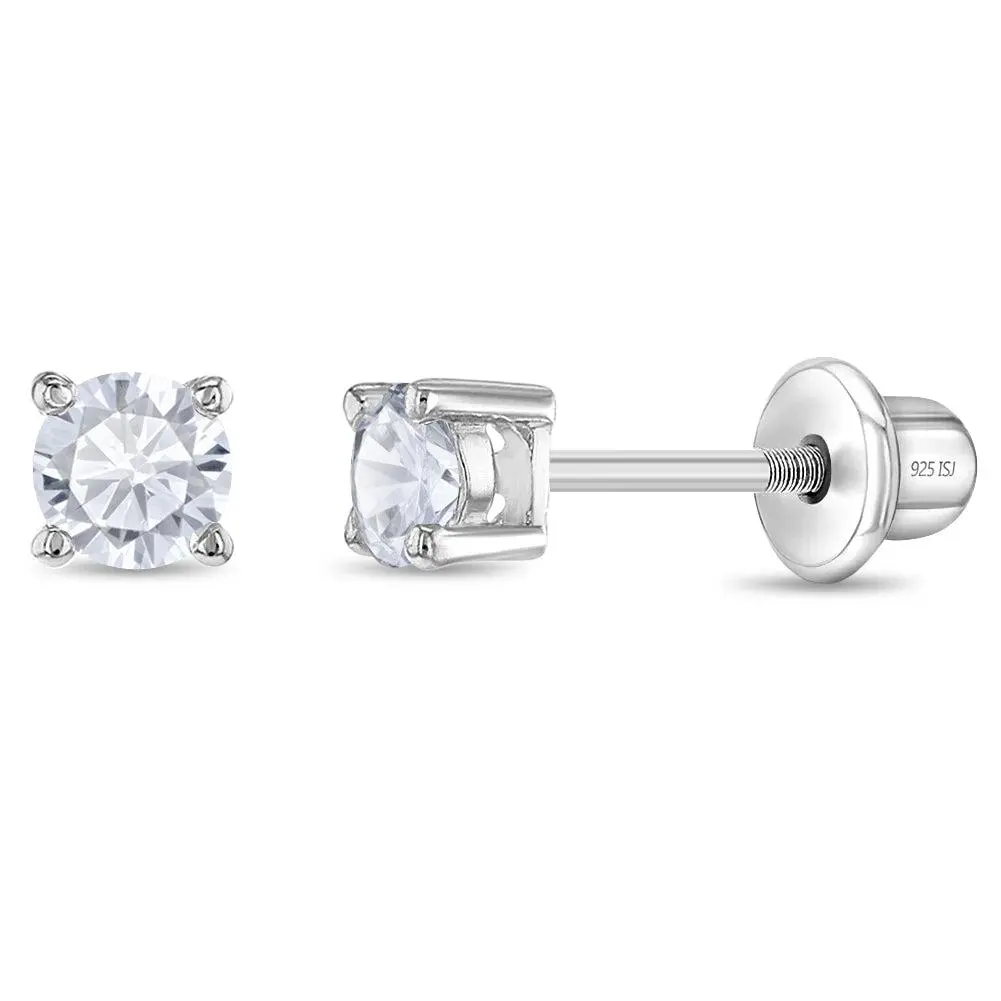 Traditional Prong Set 3mm Baby / Toddler / Kids Earrings Screw Back - Sterling Silver