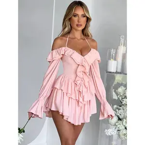Women's Vintage Fitted Off-Shoulder Long-Sleeve Ruffle Halter Neck Overalls - Casual Summer Clothes