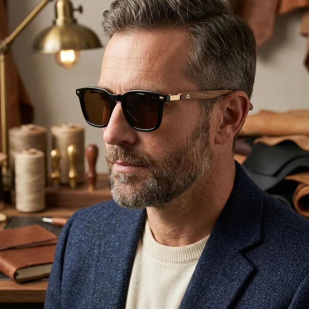 Men's Polarized Acetate Wood Sunglasses - Black Square Frame, Stylish Casual Shades, UV400 Anti-Glare Sun Protective Eyewear, Ideal for Driving, Everyday Wear, Stylish Sunglasses, Brown Lens, Temple, Classic Shades, High Quality Sunglasses