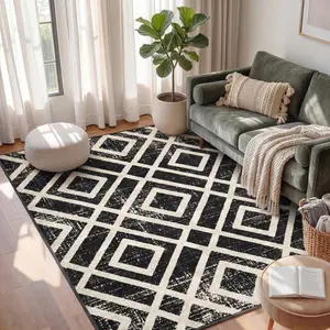 Western Area Rug Machine Washable Non-Slip Low Pile Print Pattern for Living Room Bedroom Entryway Tribal Series -Black Low Pile Rugs