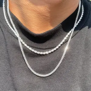 Tewiky Trendy 2Pcs 3mm Chain Necklace for Men-Layered Sterling Sliver Cuban Link Rope Necklaces Set Simple Jewelry Gift 18-28 Inches Present Jewelry