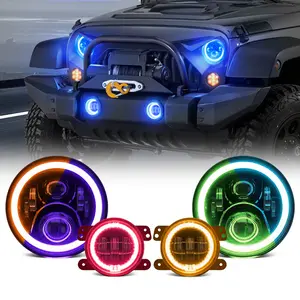 LED RGB Color Changing Halo Headlights with Amber Turn Signal + Fog Light Kit Combo for 2007-2018 Jeep Wrangler JK HDR Function 16 Million Colors 155 Dynamic Modes Bluetooth Control Music Sync Adjustable Brightness Plug and Play