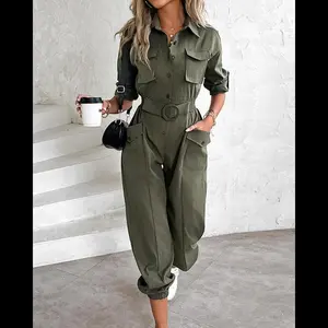 Cargo Jumpsuit with Roll-Up Sleeves, Pocket Design, Shirring, and Buckle Detail