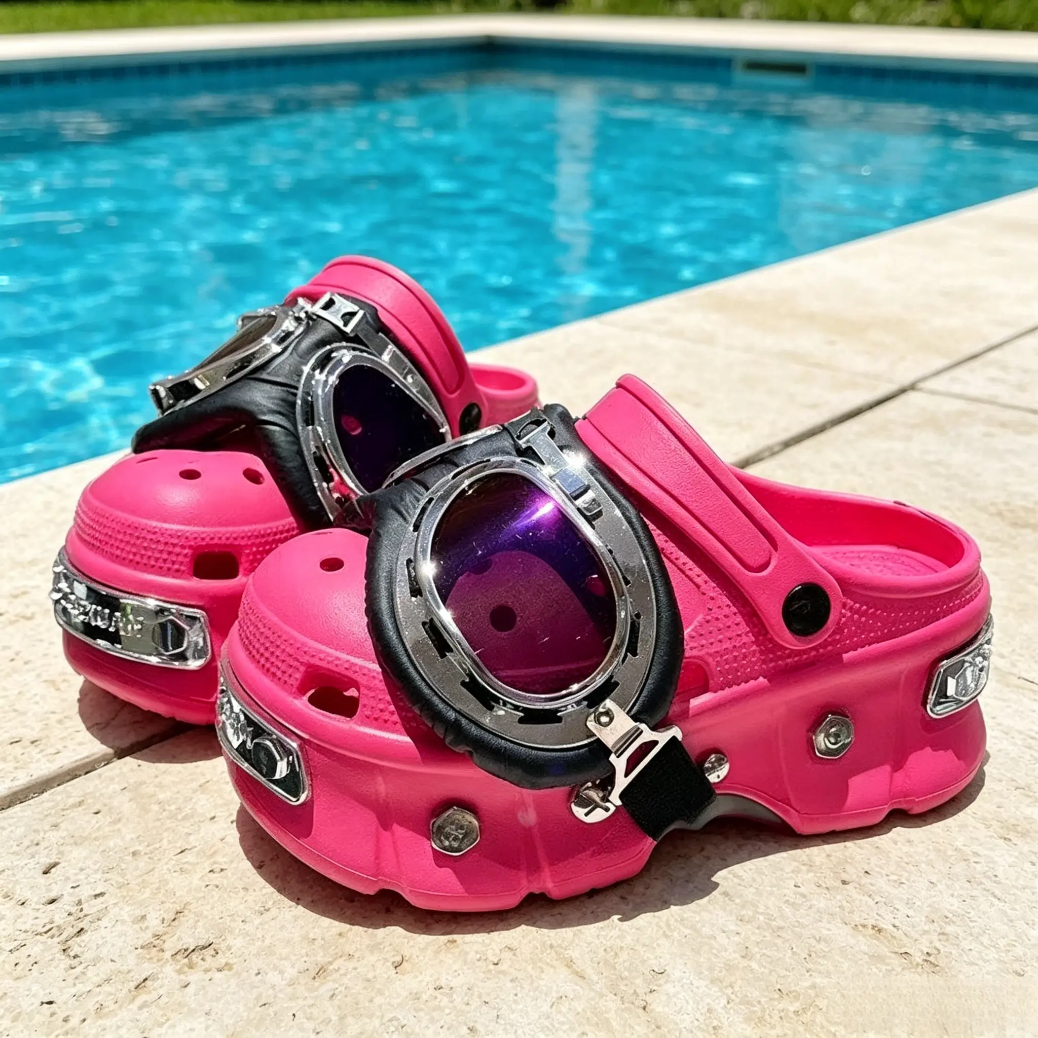 Women's Thick Platform EVA Motorcycle-Style Slip-On Clogs, Detachable Goggles Hardware Rivet Decor, Non-Slip Outdoor Hole Water Shoes
