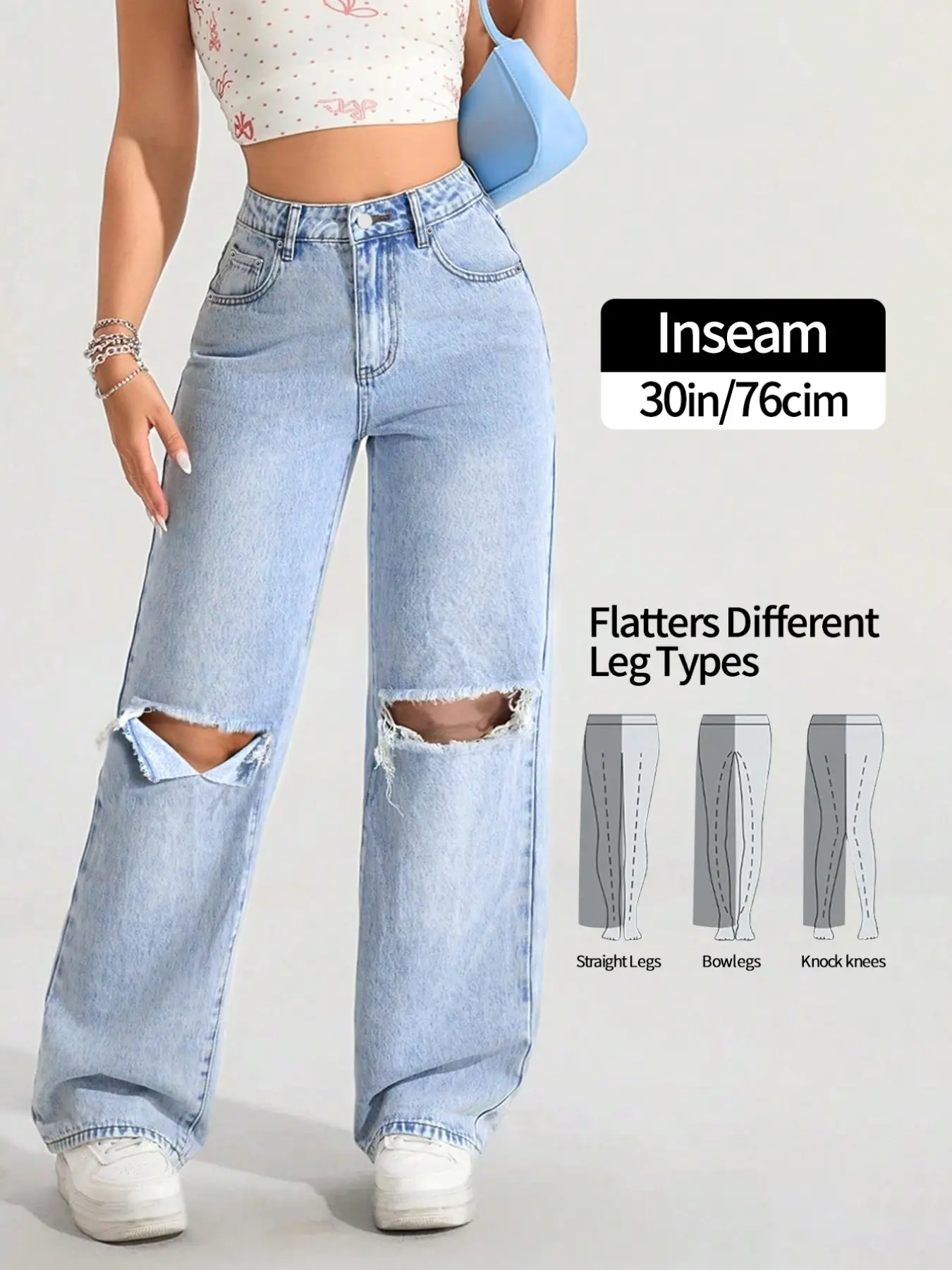 Women's Plain Ripped Baggy Loose Fit Jeans, Pants, Trouser, Button, Fashion Casual Streetwear High-Waisted Non-Elastic Light Blue Washed Denim, Summer Wear, Daily, Versatile Clothing