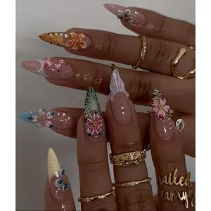 S108 Tropical Orchid Press-On Nails, 3D Floral Tips, Gradient Blue & Leaf Details, Vacation Vibe, Custom Press-On Nail, Solana Nails Town