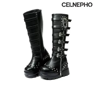CELNEPHO Platform Go Go Knee High Boots for Women Goth Punk Round Toe Fashionable Rivets Chunky Block Heel Multiple Metal Buckle Side Zipper Closure for Cosplay Party Festival Dress Shoes